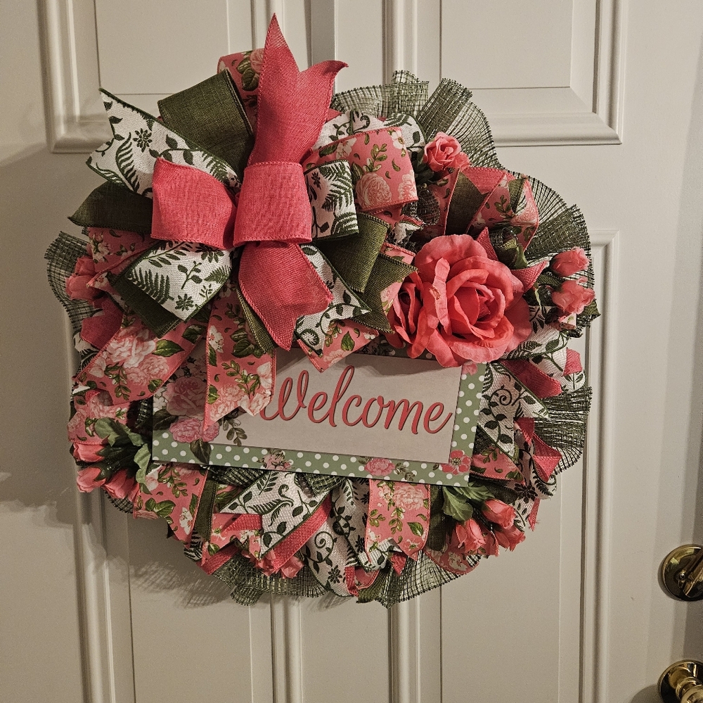 Hand Crafted Pink and Green Spring Wreath